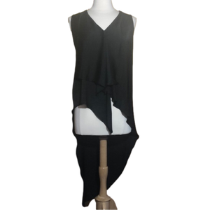 BCBG Black satin ruffle Cyprien draped hi low asymmetrical v-neck tank Size XXS